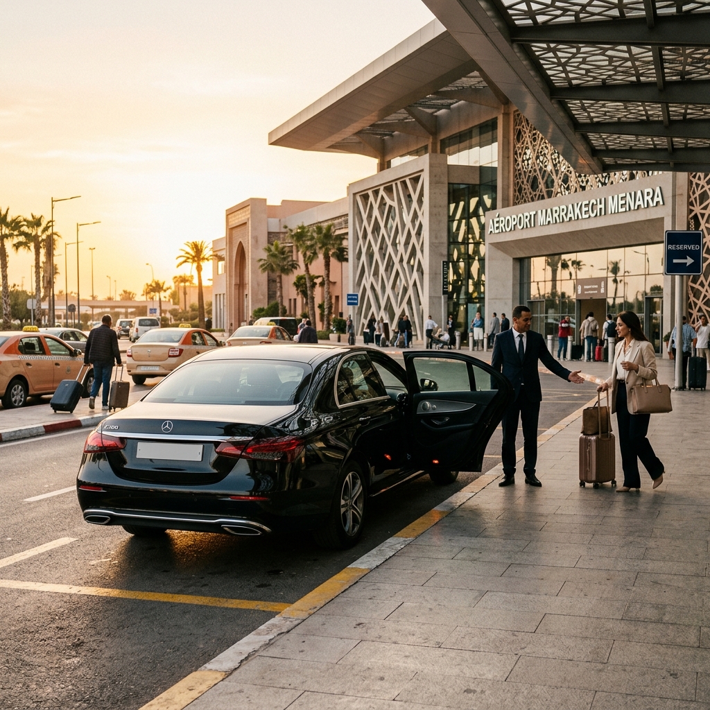 Berline noire premium de type taxi attendant à l'extérieur de l'aéroport de Casablanca au coucher du soleil