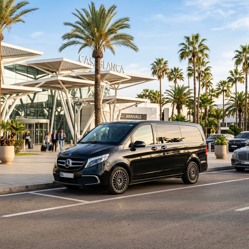 Minivan Mercedes privé attendant des passagers à l'aéroport Mohammed V de Casablanca